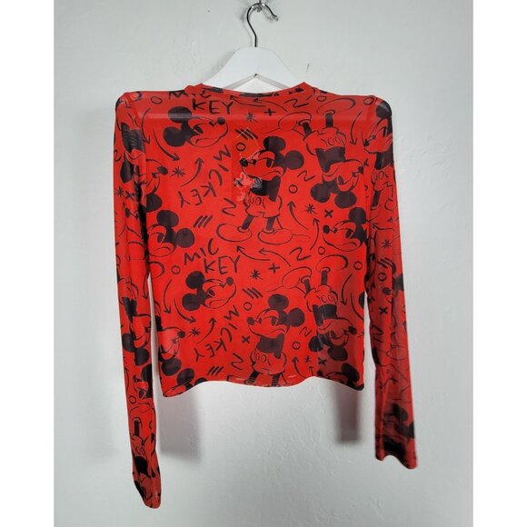 Disney Mickey Mouse Kids Red Graphic Long Sleeve Cropped Top Large Stretch New - Picture 2 of 6